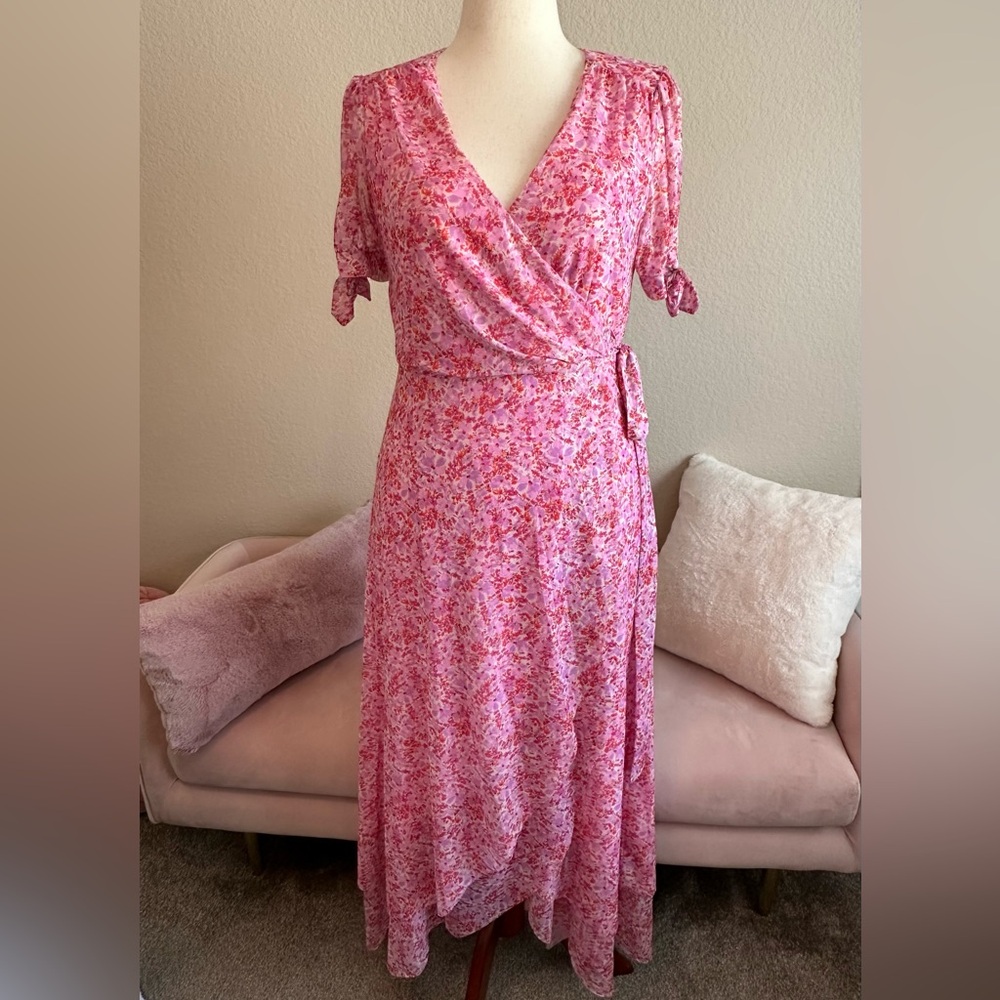 Laundry by Shelli Segal pink floral wrap midi dress Bow tie waist & sleeve Sz 8